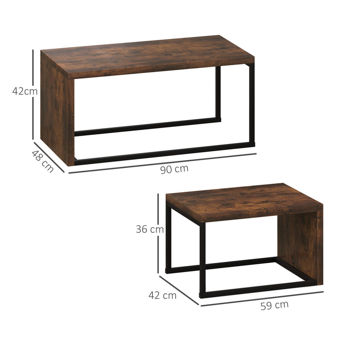 COUCHTISCH-SET 90/48/42 cm, 2 Satztische mit platzsparender Nestfunktion und Metallgestell, Rustikalbraun - Braun, Holzwerkstoff (90/48/42cm) - Redom
