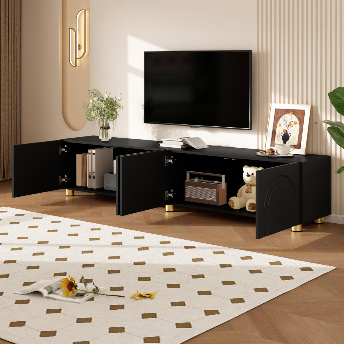TV-LOWBOARD 180 x 35 x 40 cm, 4 Türen, Relieffront, Metallfüße, Schwarz - Schwarz, Holzwerkstoff (180/40/35cm)