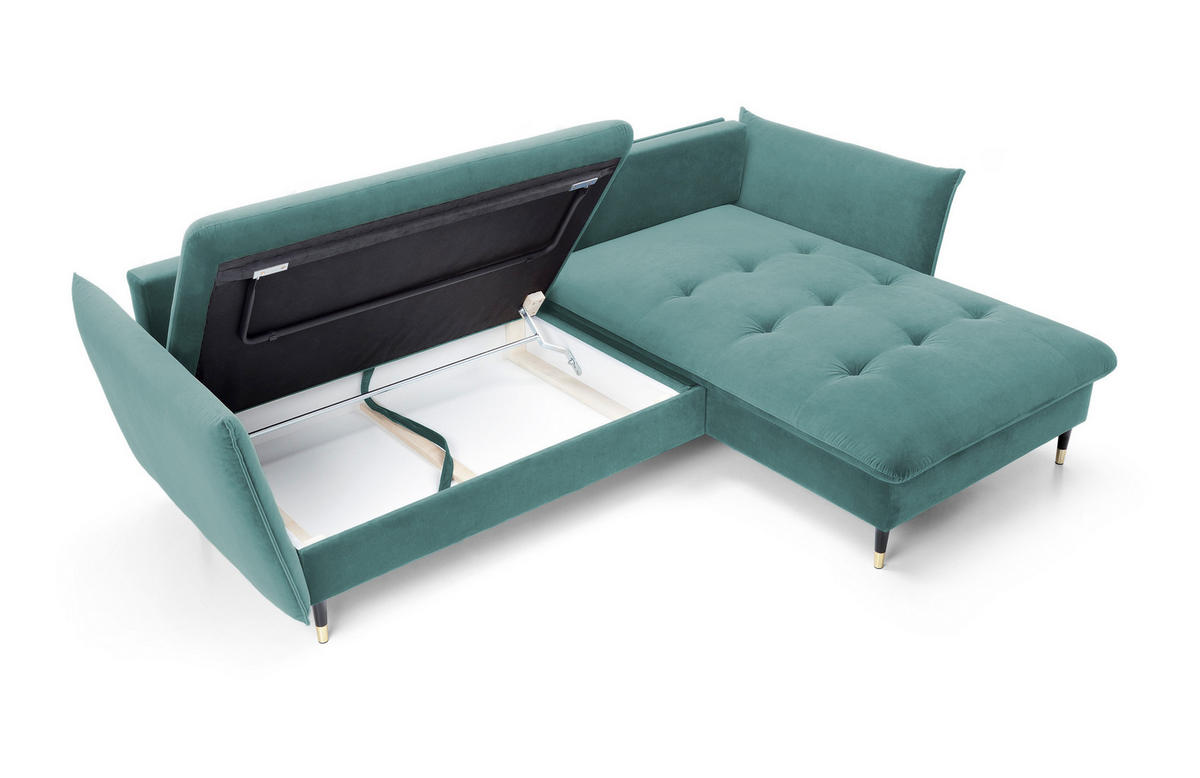 ECKSOFA GLAM mit Schlaffunktion, Ottomane & goldenen Füßen – Samtsofa im Glamour-Stil mit Zierkissen, 258x167x91 cm, rechte, münze​ - Hellgrün, Holz/Textil (258/167cm) - DomoHome
