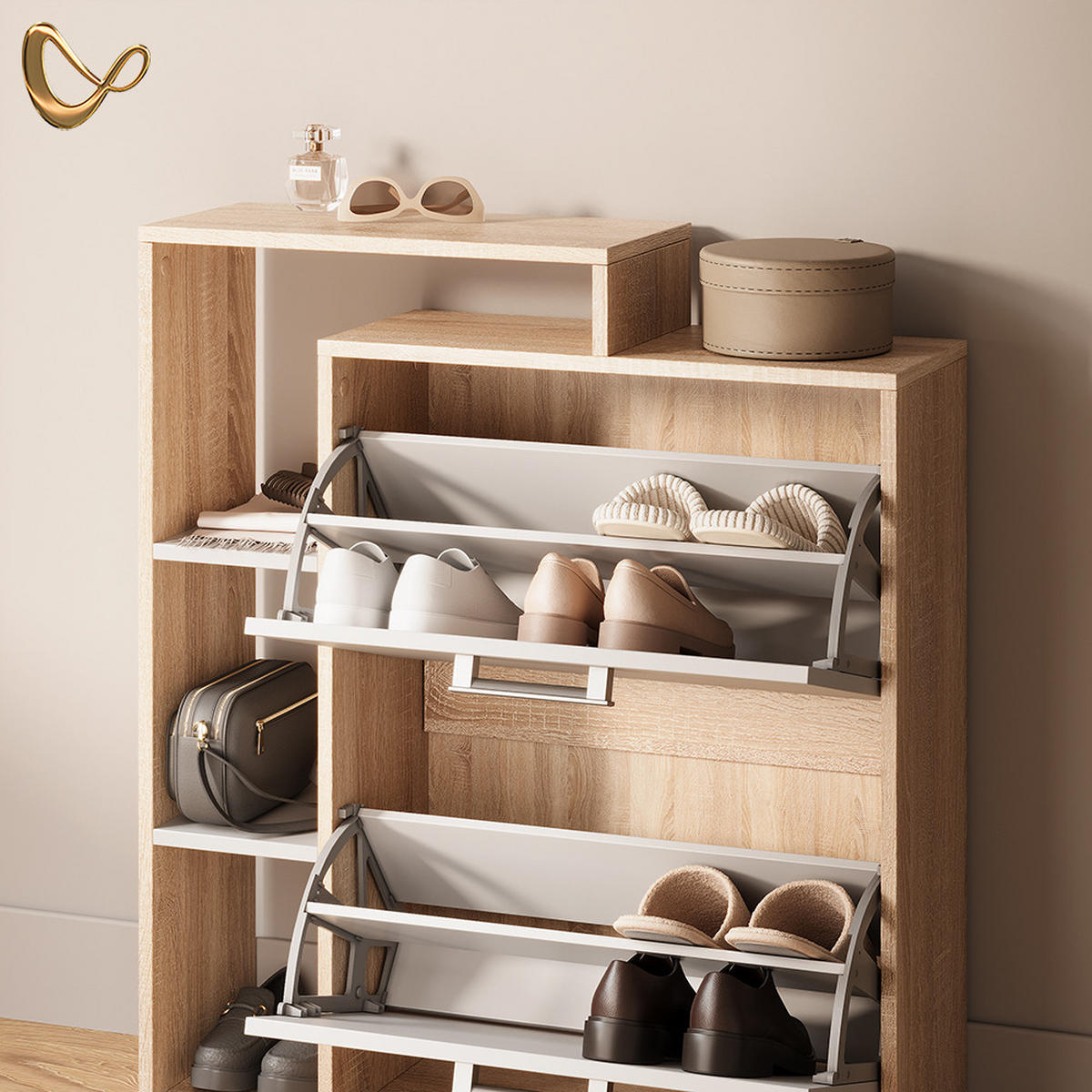 SCHUHKIPPER Ortello Weiß/Sonoma 24.5 x 90 cm - Weiß/Sonoma Eiche, Holzwerkstoff (24.5/90/80cm) - Livinity®