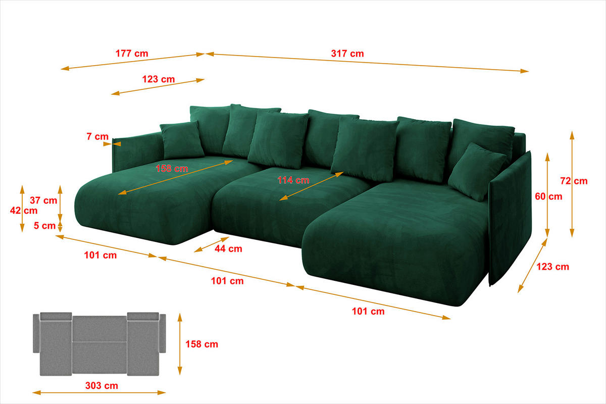 WOHNLANDSCHAFT mit Schlaffunktion und Bettkasten ONESK-U 317x177x72 Dunkelgrün Velours - Dunkelgrün, Holzwerkstoff/Kunststoff (317/72/177cm) - ALTDECOR