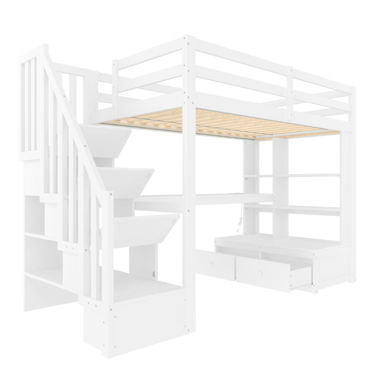HOCHBETT 90/200 cm cm DE-03350, mit Schreibtisch, Regalen, 2 Schubladen und LED, in Weiß - Weiß, Holz/Holzwerkstoff (90/200cm) - ComfortXL