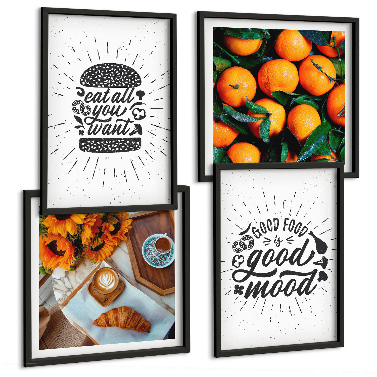 BILDER SET 4er Set - 50x50 cm & 40x60 cm Schwarzer Rahmen - Juicy Oranges Kitchen - Schwarz, Kunststoff (50/50cm) - TULUP