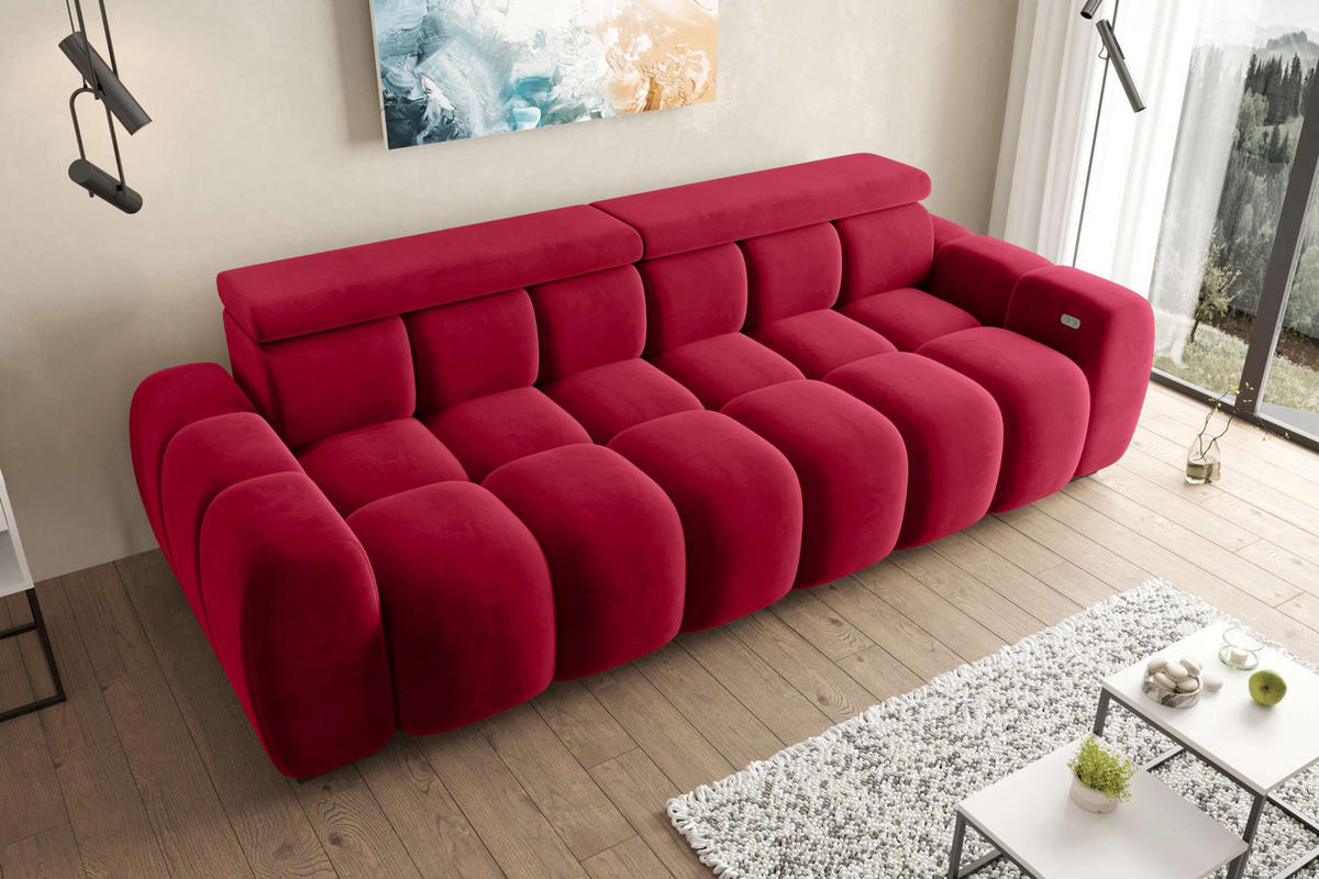 BIGSOFA ALESSIO Velours Rot mit elektrischer Sitztiefenverstellung - Rot, Kunststoff/Textil (248/77/108cm) - 99rooms