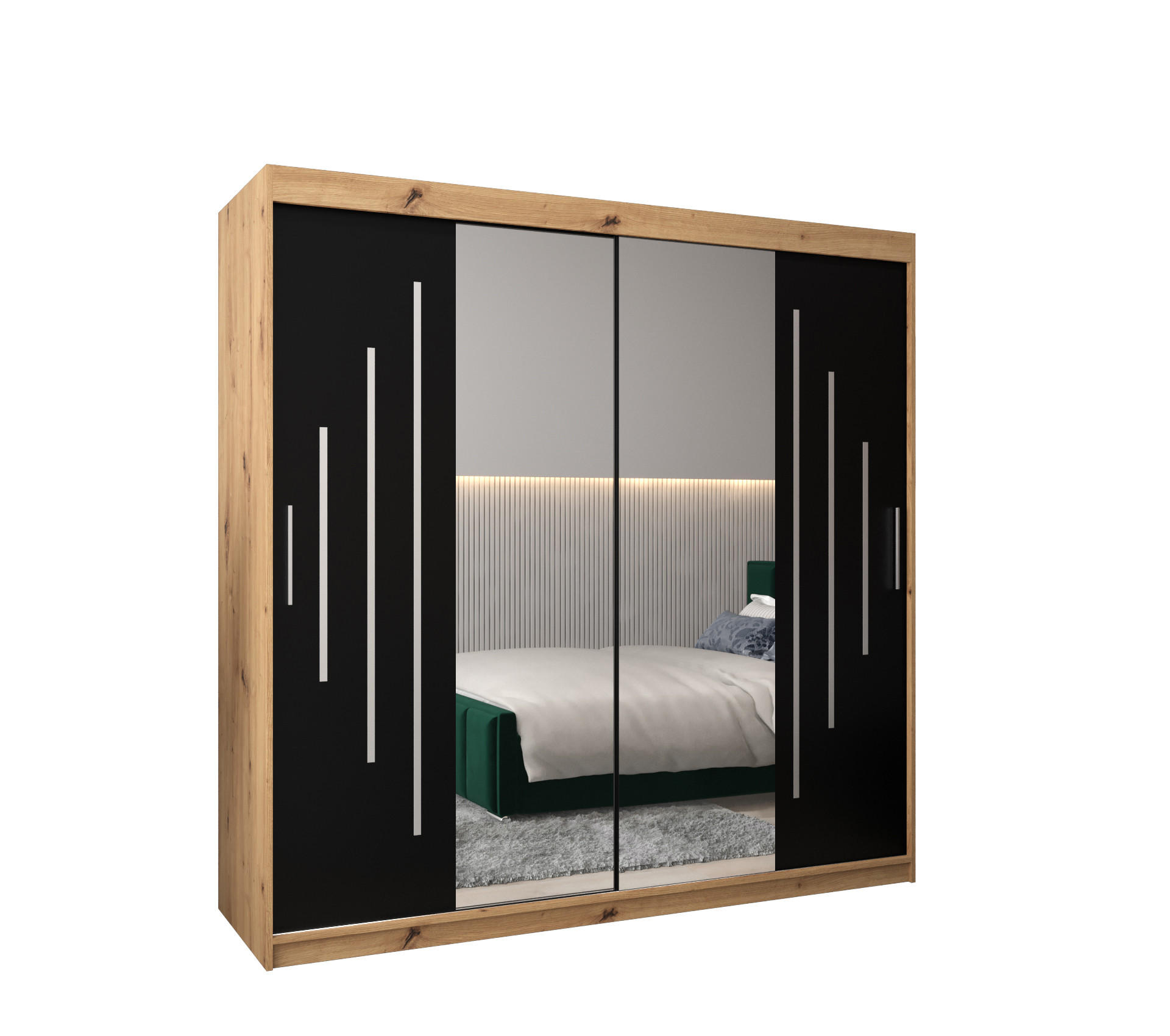 Abiks Möbel Schwebetürenschrank Eiche Artisan, Schwarz 200x200x62 cm