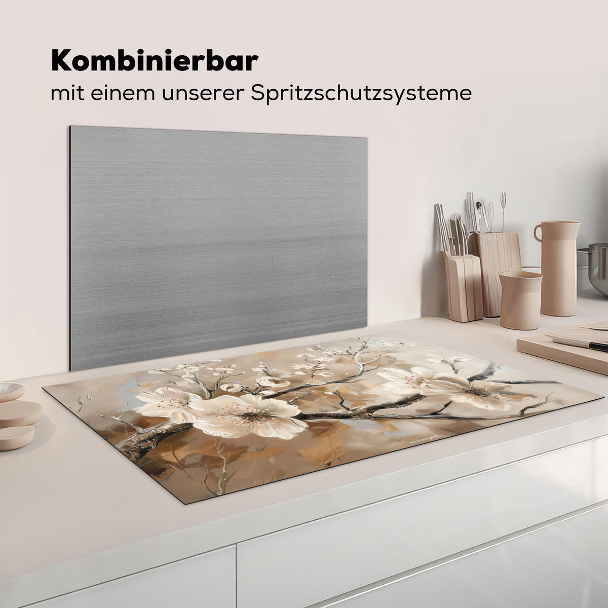 KRYT NA INDUKČNÍ DESKU Květiny - abstraktní - malované - béžové 91.6x52.7 cm - béžová, plast (91.6/52.7/0.2cm) - MuchoWow