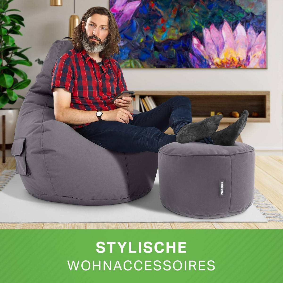 SITZSACK + Hocker "Cozy+Stay" 2er Set - Anthrazit, Textil (70/90/80cm) - Green Bean