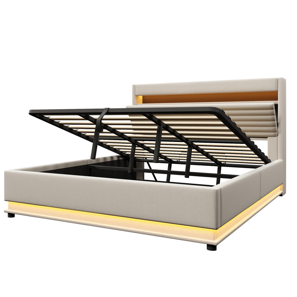 POLSTERBETT 180/200 cm Beige mit LED-Beleuchtung, USB- und Typ-C-Anschluss, hydraulischem Stauraum und Kopfteilfach - Beige, Textil (180/200cm) - OKMYHOME