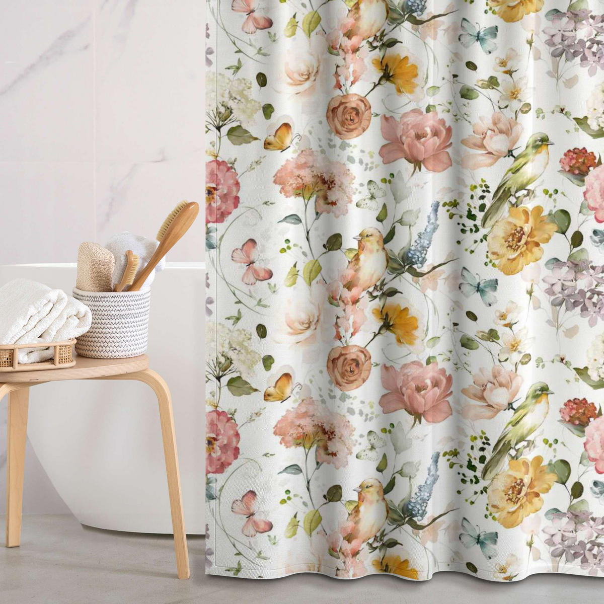 DUSCHVORHANG Blumen und Vögel Aquarell Muster 180/180 cm - Pastellblau, Textil (180/180cm) - Bilderwelten