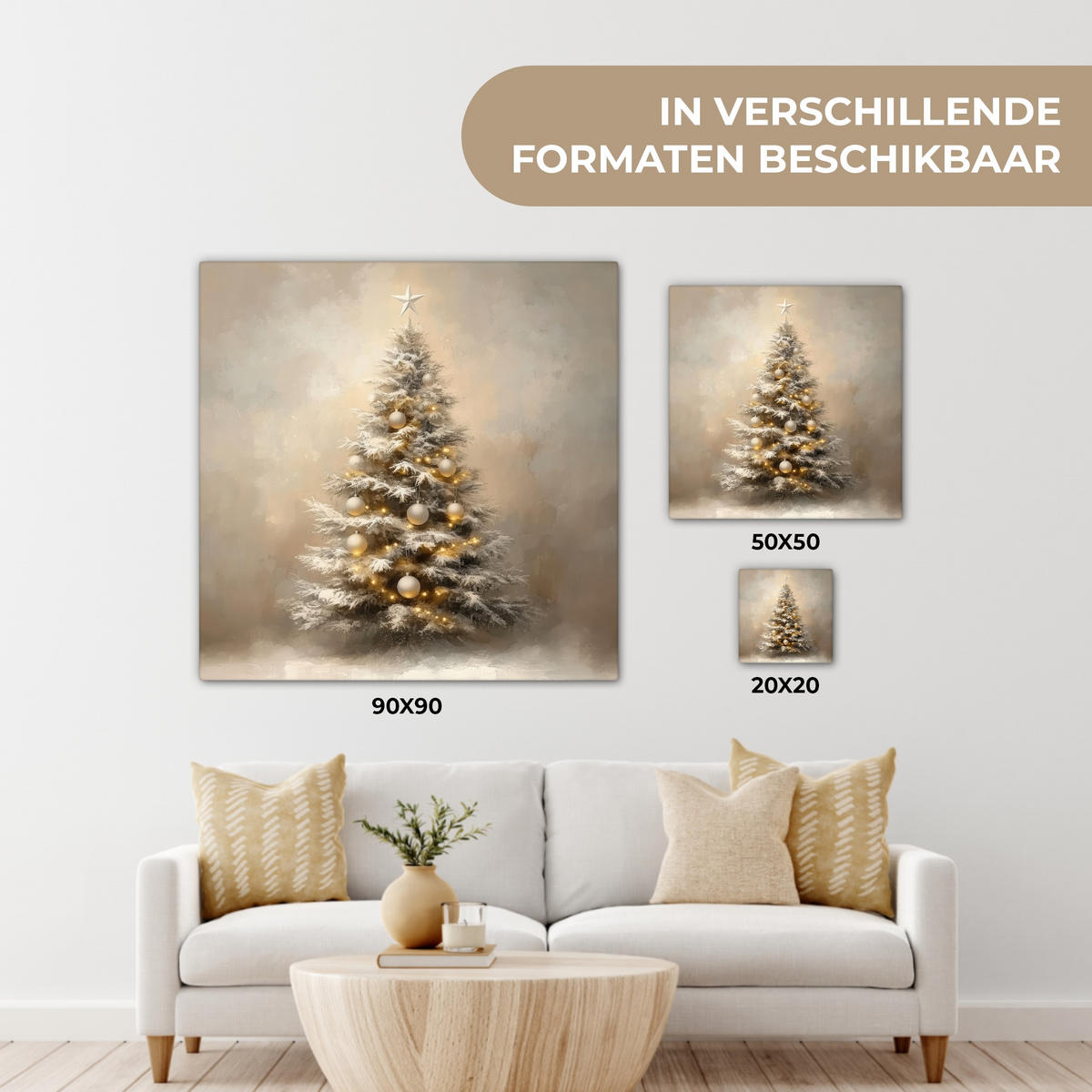 LEINWANDBILD Weihnachten - Weihnachtsbaum - Schnee - Kunst Deko Groß 90x90 cm - Champagner, Textil (90/90cm) - MuchoWow