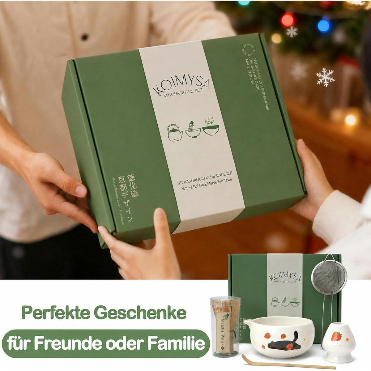 MATCHA Set 5-teiliges Set mit Katzen und Erdbeeren - Weiß, Keramik (13.9/6.6/13.9cm)