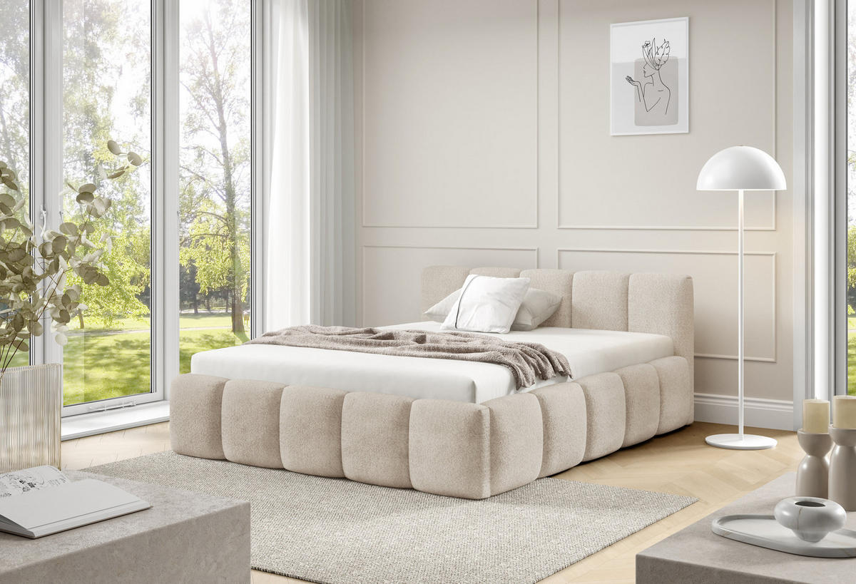 POLSTERBETT QUATTRO, 180x200 cm, Doppelbett mit Bettkasten, Boucle Stoff, Frabe: Beige - Beige, Holz/Textil (180/200cm)