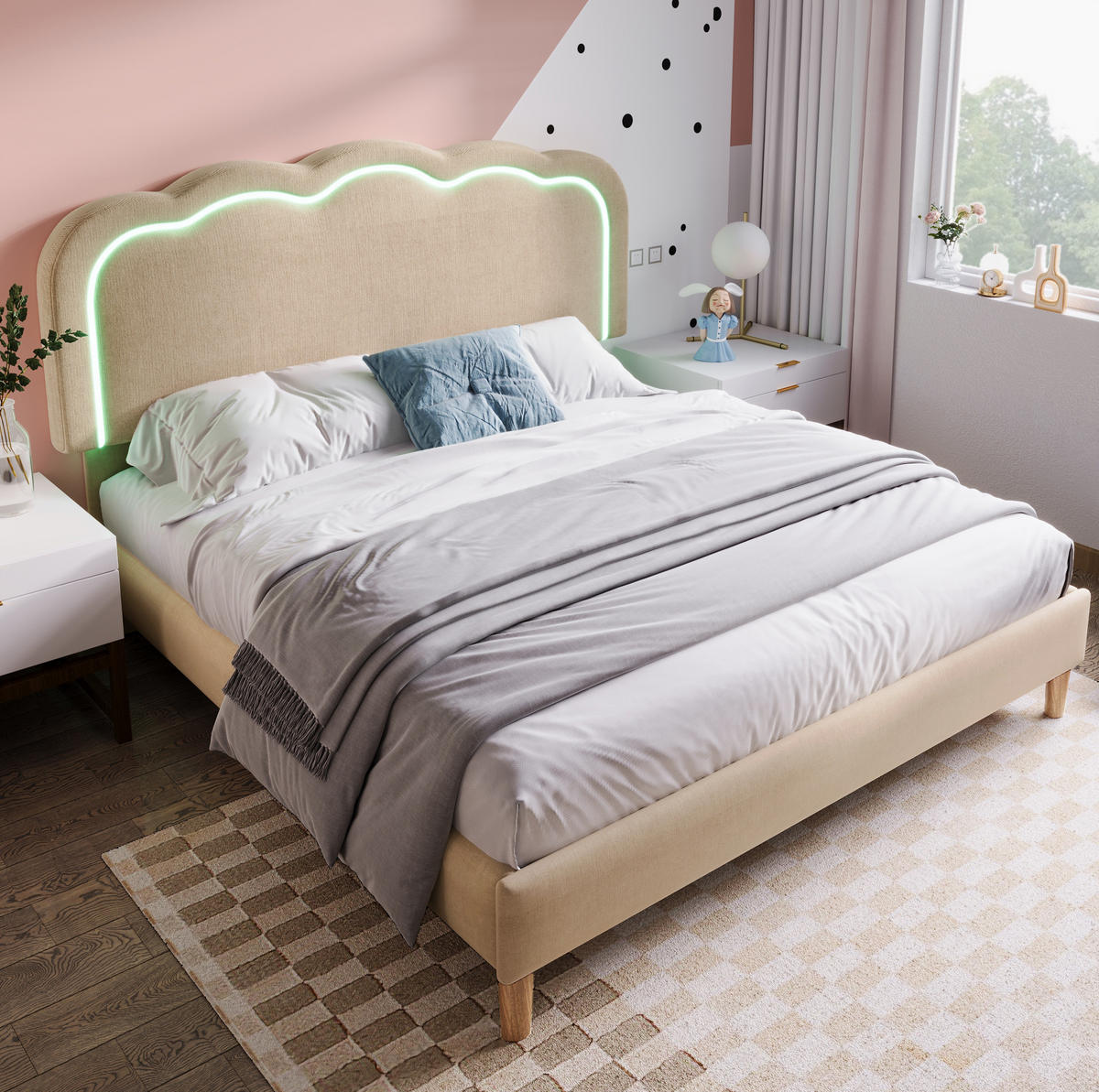 POLSTERBETT mit LED und verstellbarem Kopfteil 140x200 cm Leinen Beige - Beige, Metall (140/200cm) - Beauniv