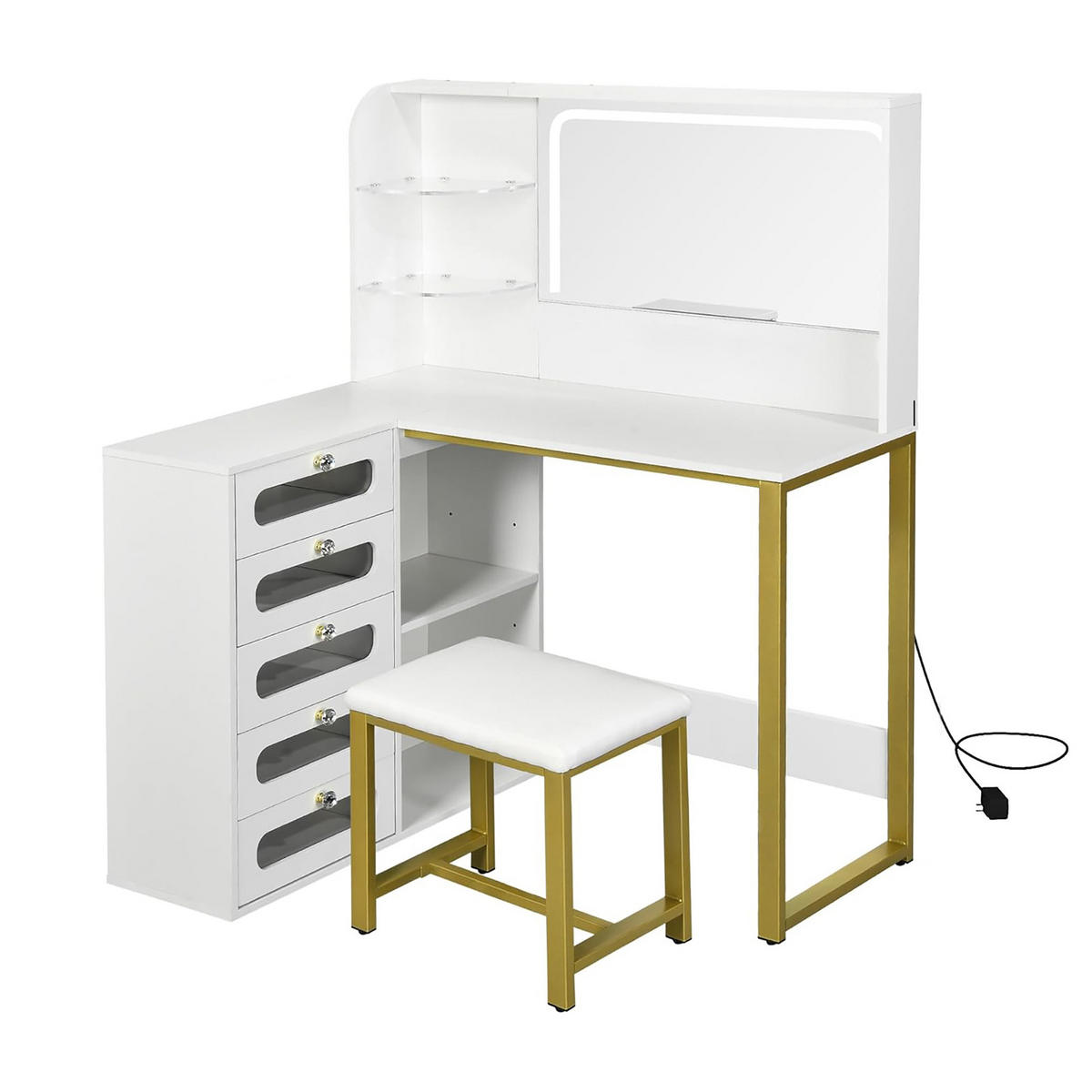 SCHMINKTISCH mit Hocker LED Spiegel Steckdose 5 Schubladen weiß - Weiß, Holz (80/135/120cm) - LEBENLANG