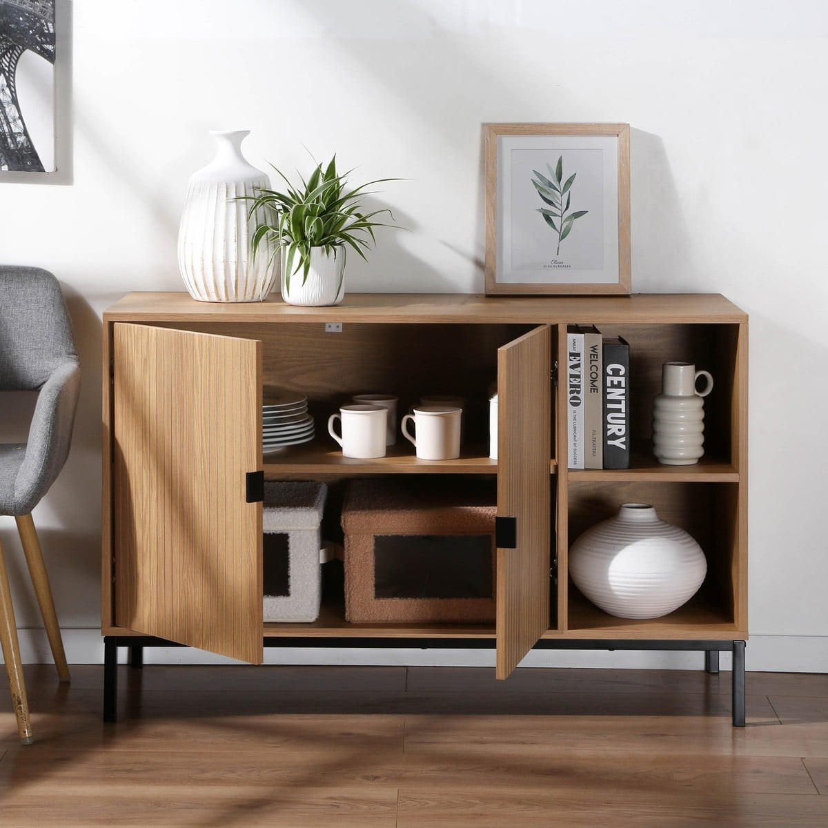 SIDEBOARD mit 2 türen und 2 offenen fächern in holzrillenoptik tara 40/72/110 cm - Eschefarben, Holzwerkstoff (110/72/46cm) - Calicosy