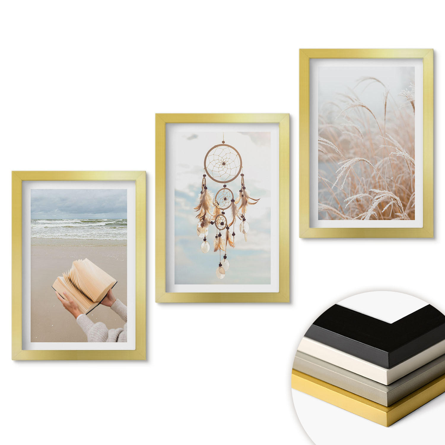 WANDBILDER 3er Set - 20x30 cm Goldrahmen - Friedliche sommerliche Boho-Landschaften - Goldfarben, Kunststoff (20/30cm) - ArtPrintCave