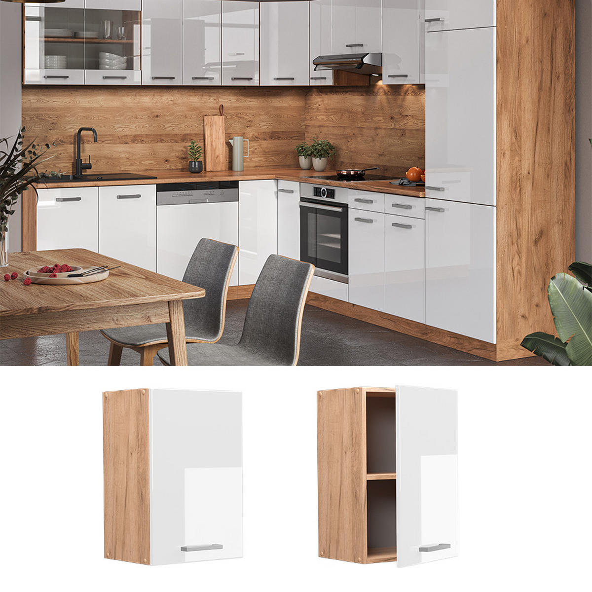 HÄNGESCHRANK R-Line Weiß Hochglanz 40 cm - Honigeiche/Weiß Hochglanz, Holzwerkstoff (40/60/31cm) - Vicco