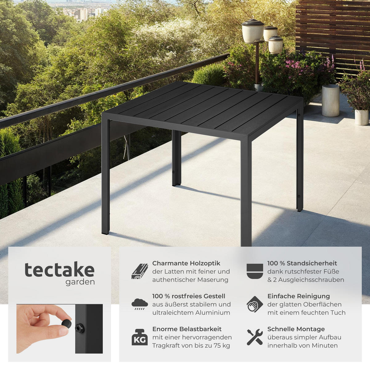 GARTENTISCH Maren,90 x 90 x 74,5 cm,schwarz - Schwarz, Metall (90/90/74.5cm) - tectake