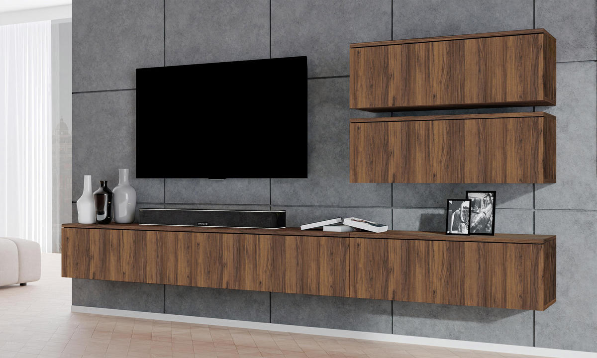 WOHNWAND Loriano V Nussbaum Warmia 300/102/32 cm Anbauwand - Nussbaumfarben, Holzwerkstoff (300/102/32cm) - AX Living