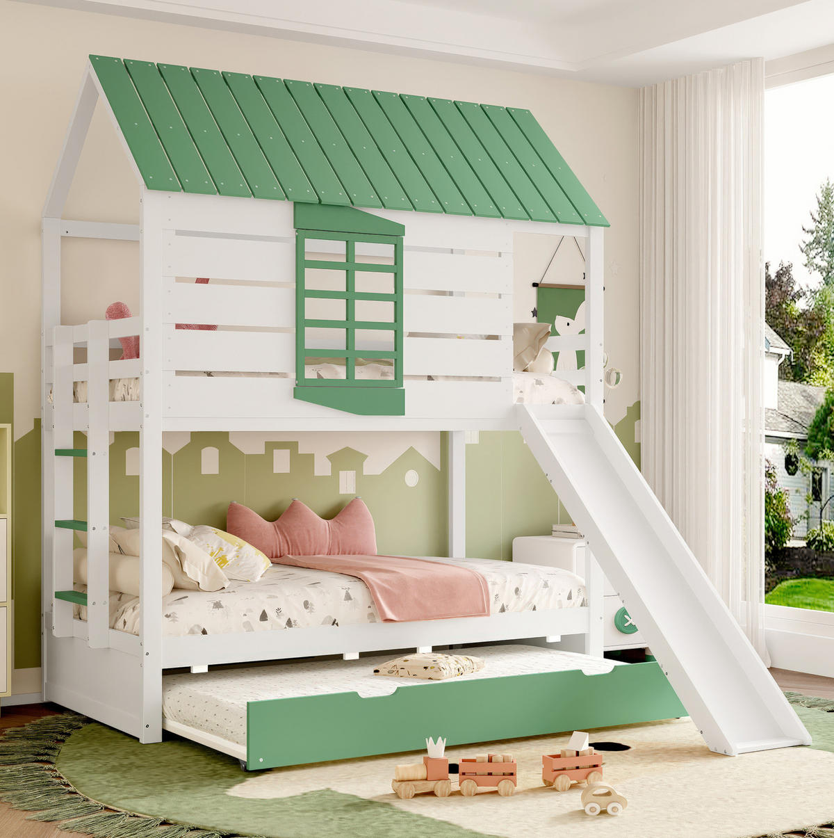 HAUSBETT 90/200 cm mit Rutsche und Ausziehbett in Weiß/Grün - Weiß, Holzwerkstoff (90/200cm) - Flora Grace