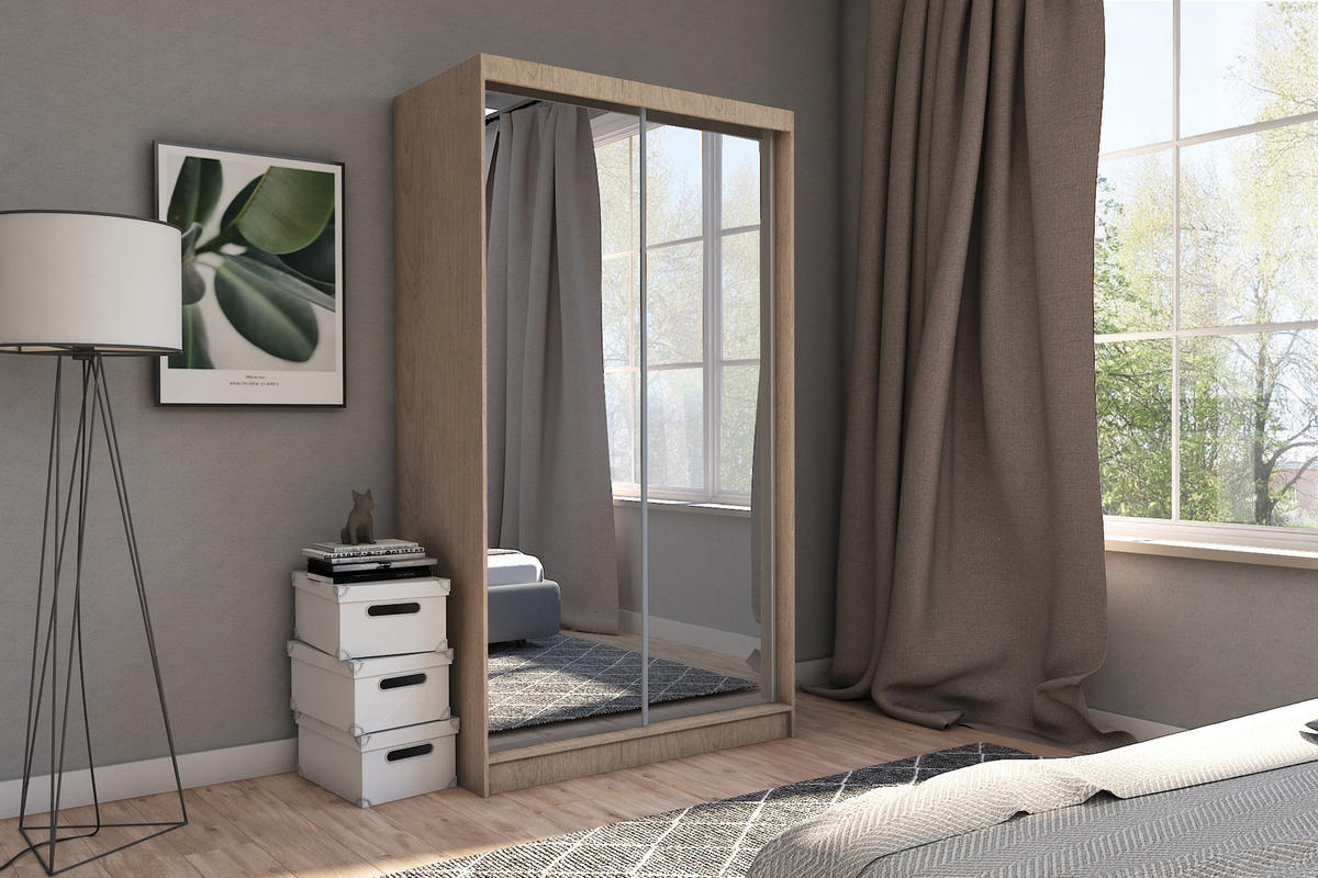 SCHWEBETÜRENSCHRANK BELLINA 150/216/61 cm 2-türig mit Spiegel Sonoma Eiche - Sonoma Eiche, Holzwerkstoff (150/216/61cm) - MASSENO
