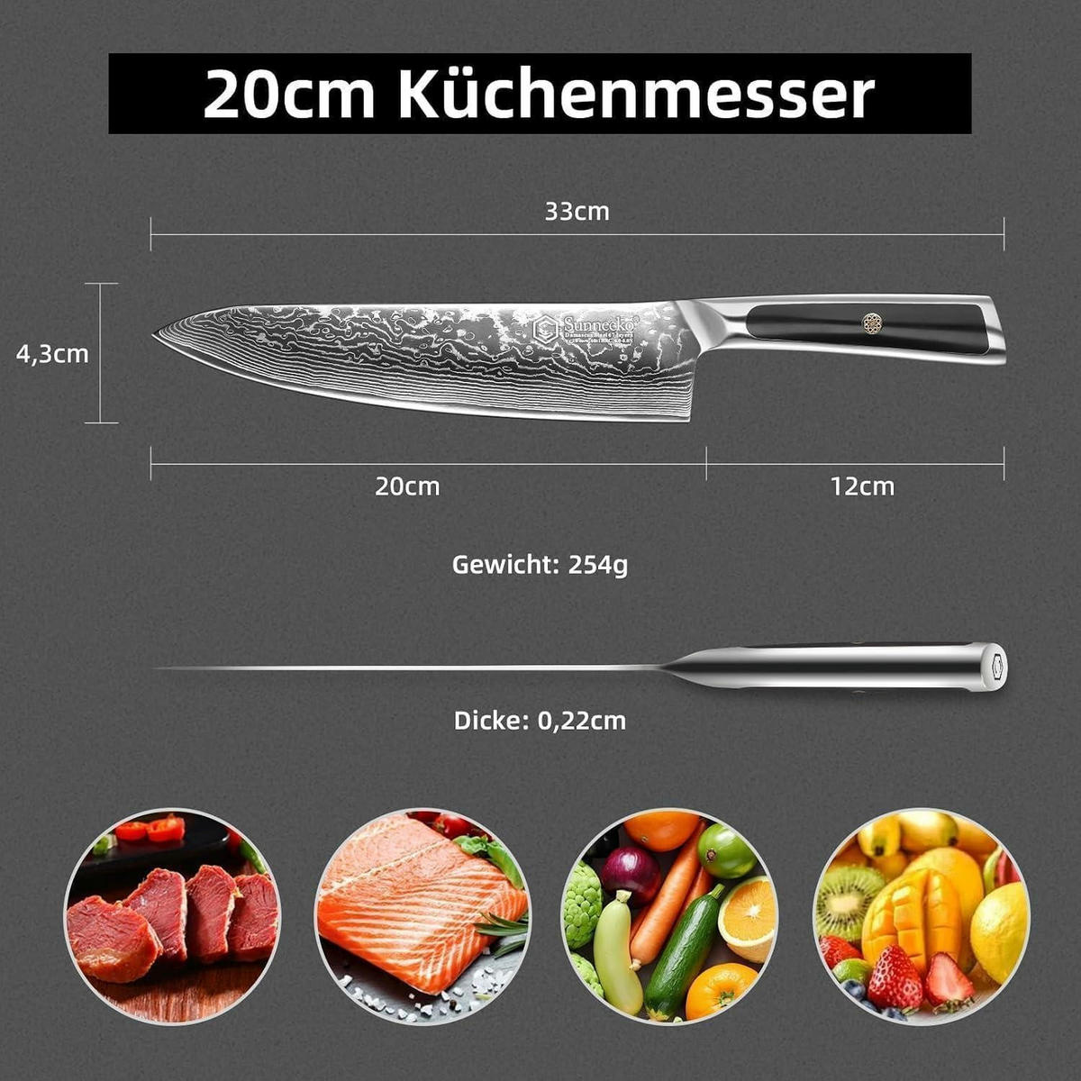 KOCHMESSER 20 cm Damaststahl 67 Lagen - Schwarz, Metall (33cm)