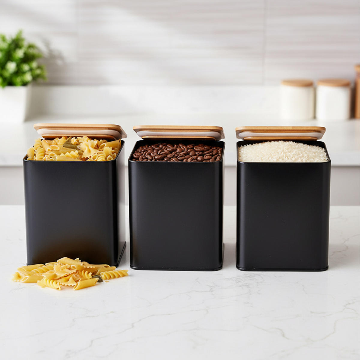 3XDÓZY na potraviny - černá, kov/dřevo - Relaxdays