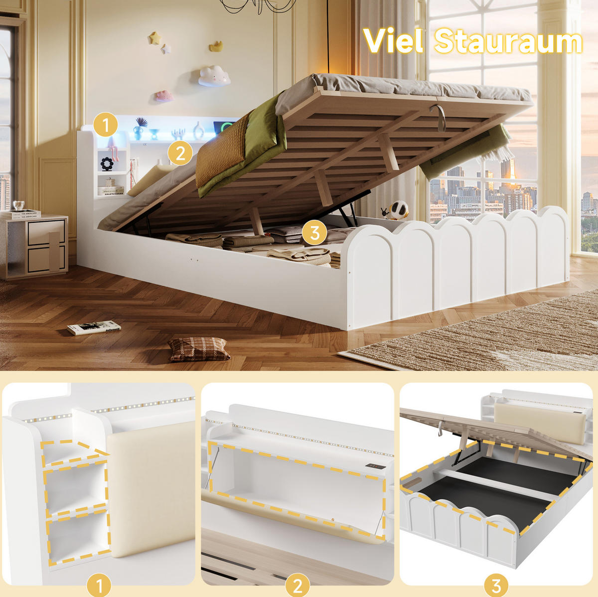POLSTERBETT 140/200 cm Weiß mit Stauraum, LED-Beleuchtung und USB- und Type-C-Anschlüssen - Weiß, Holzwerkstoff (140/200cm) - Flora Grace