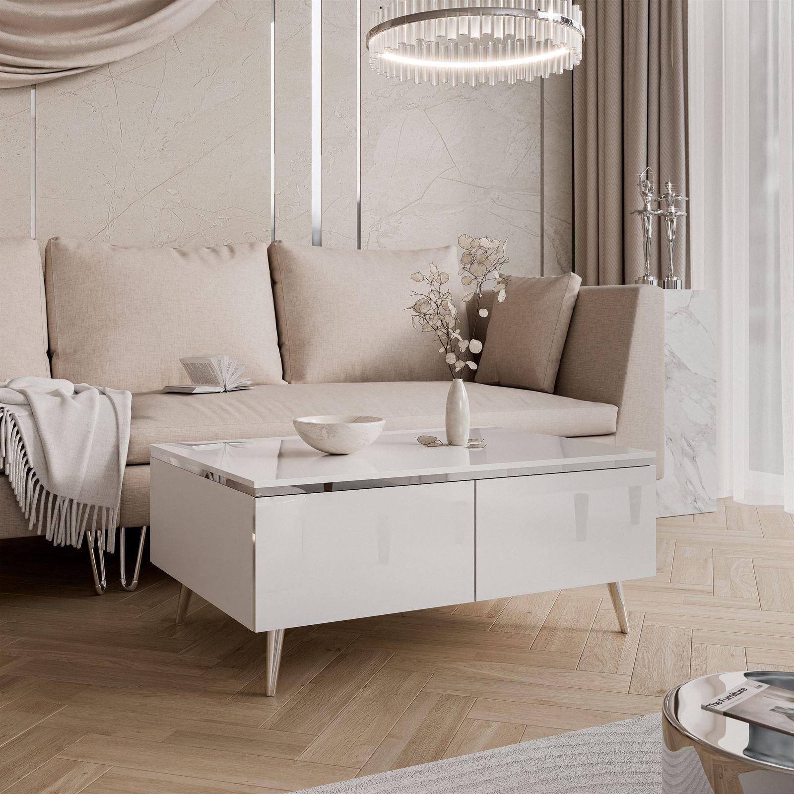 COUCHTISCH AURORA SILVER mit Stauraum und schrägen Beinen - Weiß Hochglanz/Silberfarben, Holzwerkstoff/Metall (60/90/41cm) - Lookway