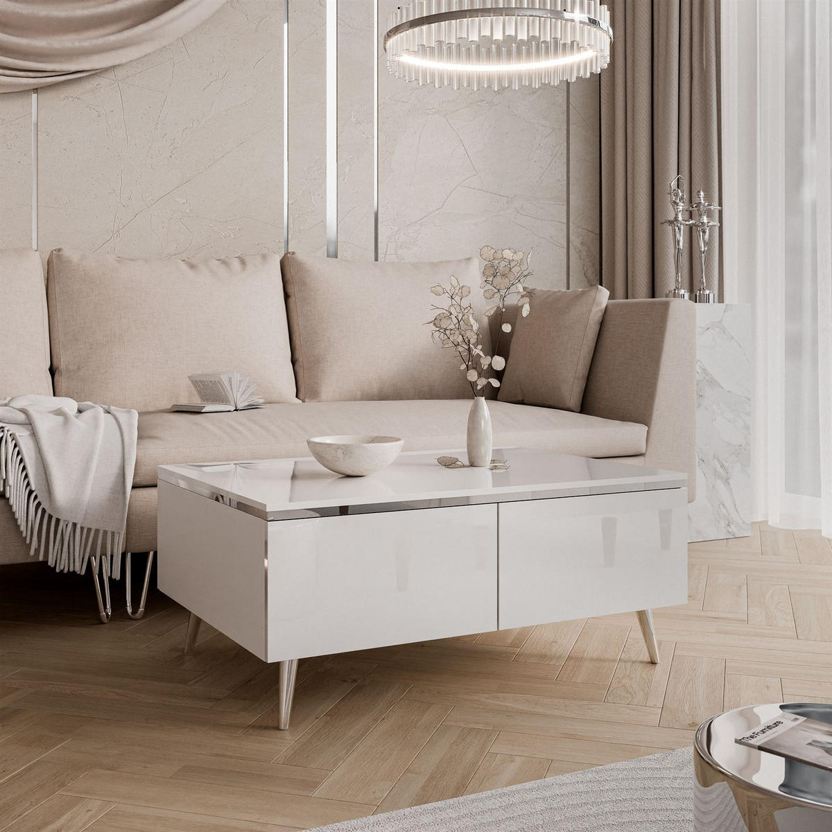 COUCHTISCH AURORA SILVER mit Stauraum und schrägen Beinen - Weiß Hochglanz/Silberfarben, Holzwerkstoff/Metall (60/90/41cm) - Lookway