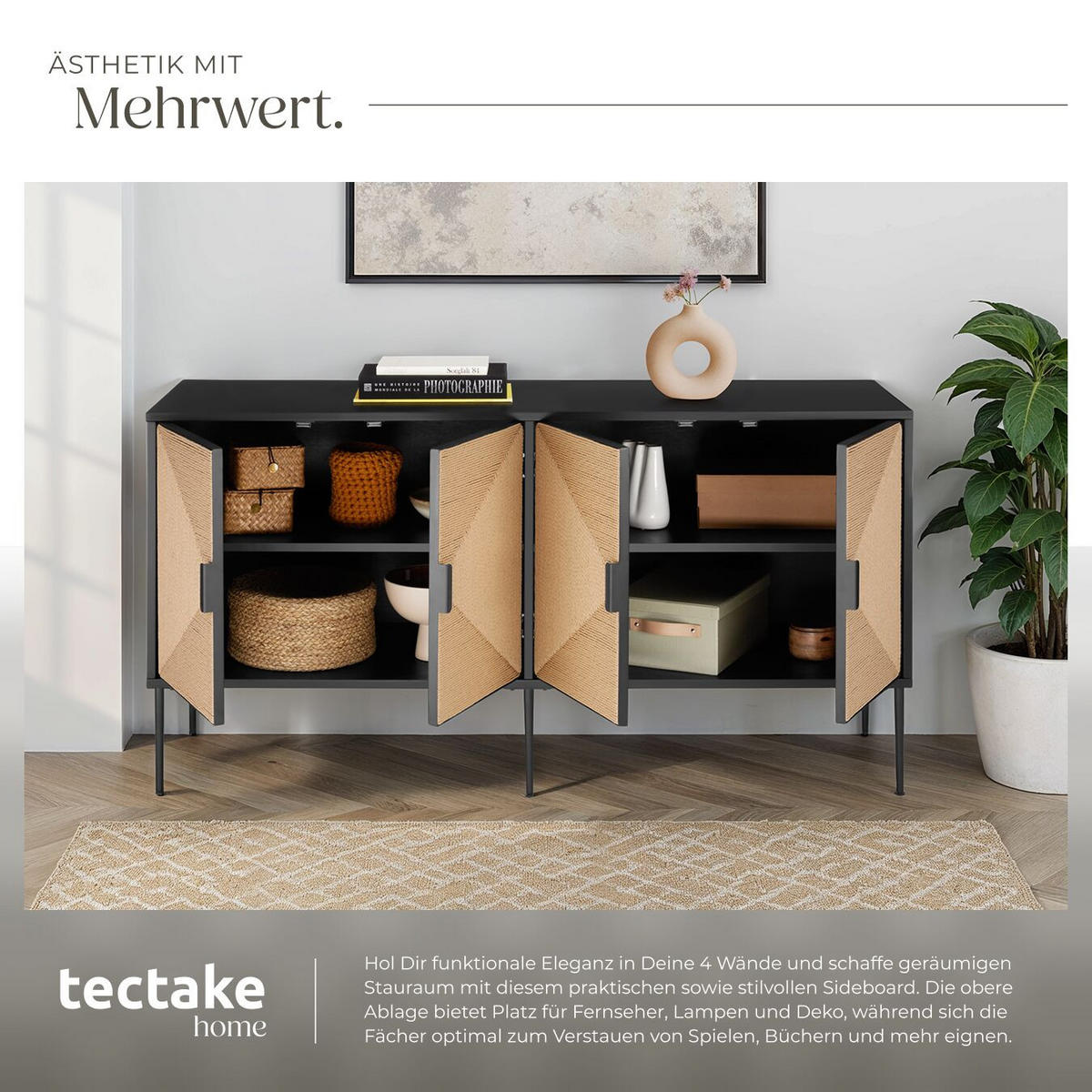 SIDEBOARD Juna,150 x 47 x 77 cm, höhenverstellbare Füße,schwarz/braun - Schwarz/Braun, Holz (150/77/47cm) - tectake