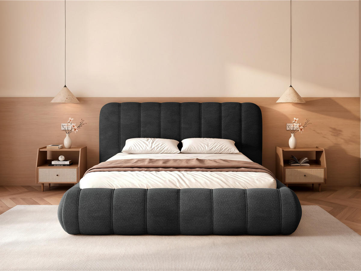 POLSTERBETT Gallo 140x200 cm Schwarz Chenille – (Doppelbett mit Bettkasten, Lattenrost, voluminöses Kopfteil) - Schwarz, Holz/Holzwerkstoff (140/200cm) - Ravio