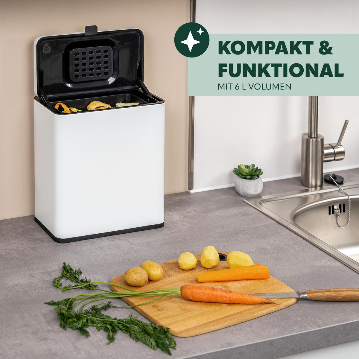 BIOMÜLLEIMER 6L, weiß - Weiß, Metall (26/29.5/14cm) - eluno