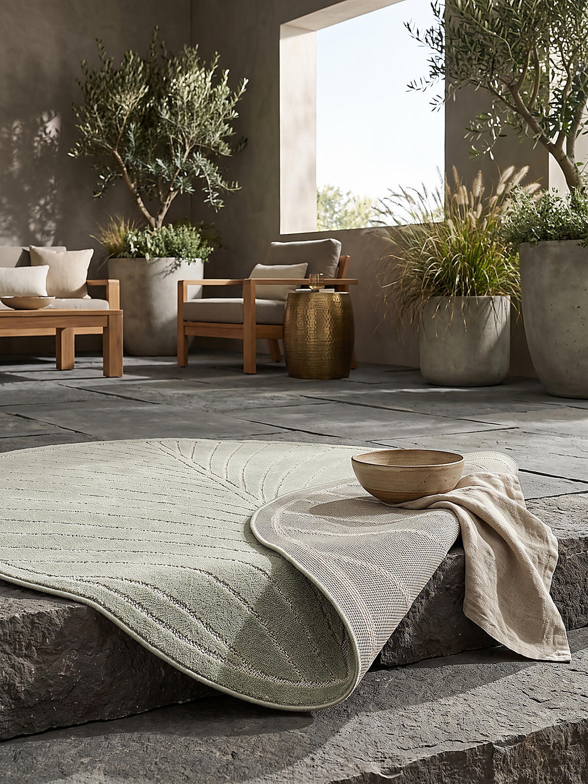 TEPPICH Outdoor, Fußbodenheizung-geeignet, mit Blattmotiv, aus Polypropylen, ENGADIN in Salbeigrün, Ø 160 cm - Grün, Textil (160/160cm) - KADIMA DESIGN