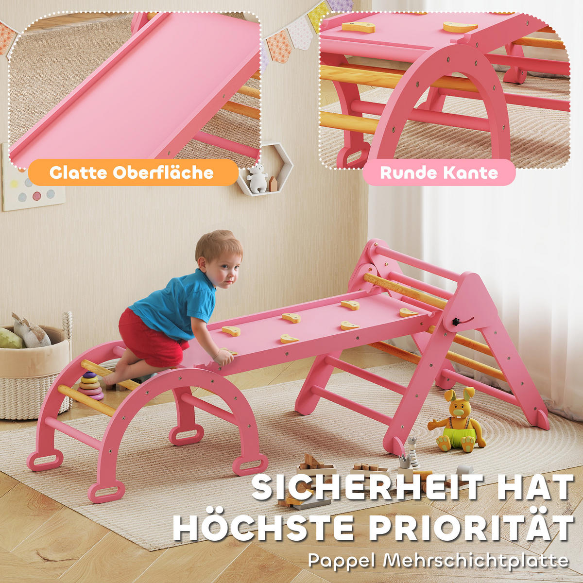 KLETTERGERÜST Indoor, 7 in 1 klappbar Kletterdreieck mit Rutsche, Kletterbogen - Rosa, Holz (70/59/188cm) - AIYAPLAY