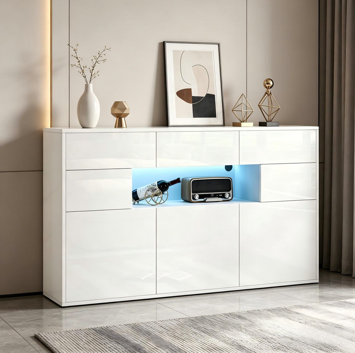 KOMODA 140/30/82 cm od MDF-a s 3 ladice, 5 ormarića i LED rasvjetom, visoki sjaj, Bijela - bijela/bijela visoki sjaj, drvni materijal (140/82/30cm) - Redom