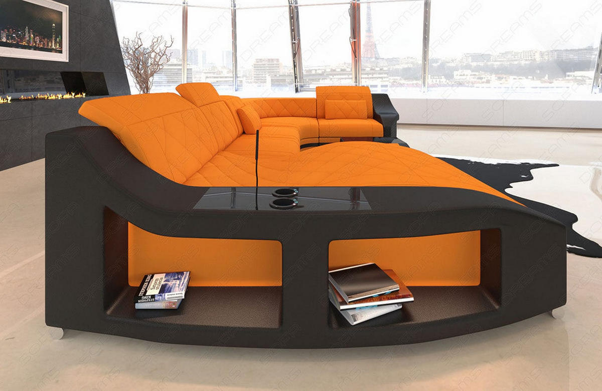 WOHNLANDSCHAFT Stoff Sofa Swing U Form Apricot Schwarz Mikrofaserstoff - Orange, Kunststoff (404/90/220cm)