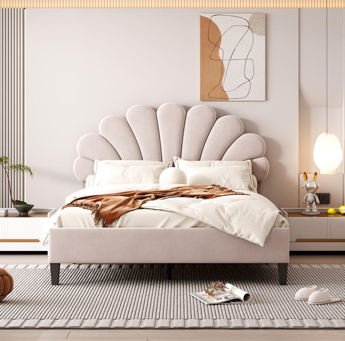 POLSTERBETT mit Blumen-Kopfteil 140x200 cm Samt Beige - Beige, Metall (140/200cm) - Meubliv