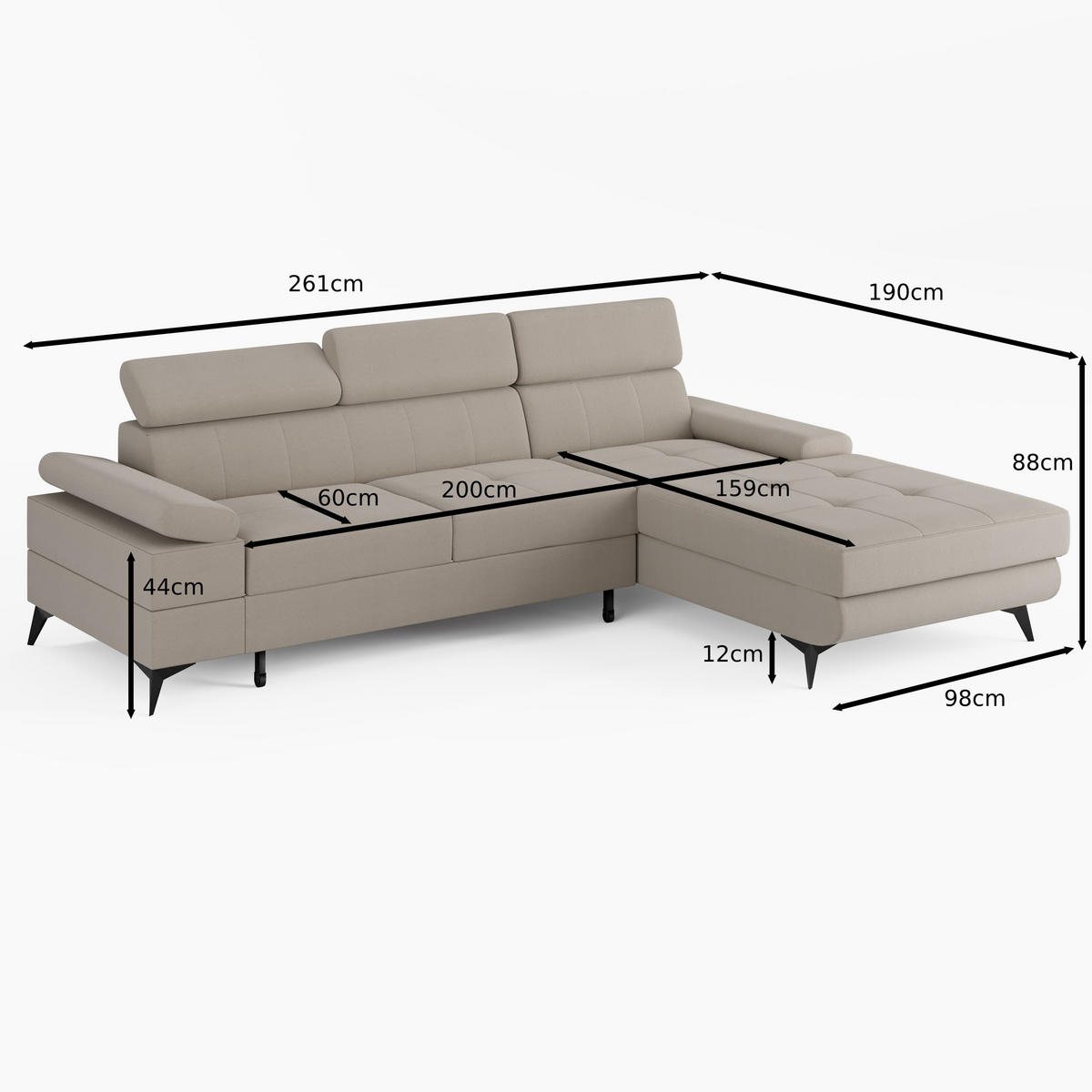 ECKSOFA VENTO Rechts Schwarz Velours Premium L-Form Couch mit Schlaffunktion & Bettkasten - Schwarz, Holz (261/190cm) - Barchello