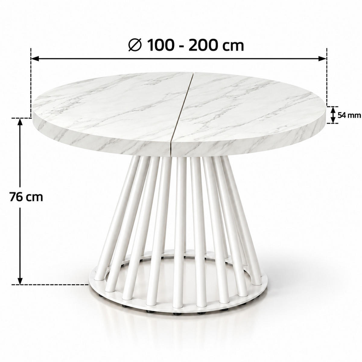 ESSTISCH rund ausziehbar 100/200/76 cm, Marmor, 54 cm Tischplatte + Lamellen-Metallgestell Weiß - Hellgrau/Weiß, Holzwerkstoff/Metall (100/200/76cm) - Damale Möbel