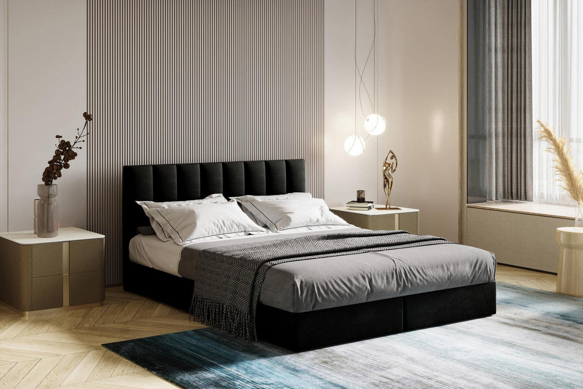 BOXBETT 140 x 200 cm mit Bonellmatratze H3, CITY, Elegant gestepptes Kopfteil und Topper 5cm, Bettkasten, Schwarz - Schwarz, Holzwerkstoff/Kunststoff (140/200cm) - Trada