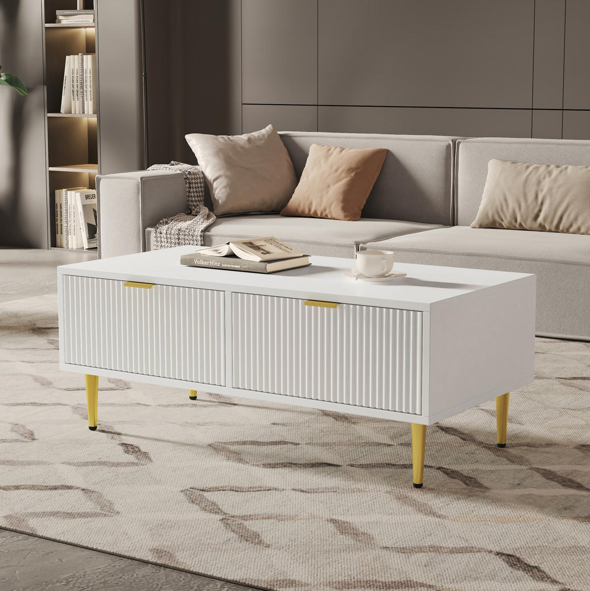 COUCHTISCH 100/50 cm mit 2 Schubladen und Ablageboden in Weiß/Gold - Weiß, Holzwerkstoff (100/50/40cm) - BEAOK