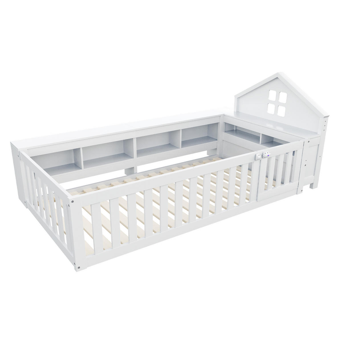 KINDERBETT 90/200 cm mit Dach, Fenster, Stauraum, Sicherheitsgitter und Tür aus Holzwerkstoff mit Lattenrost, Weiß - Weiß, Holzwerkstoff (90/200cm) - Redom