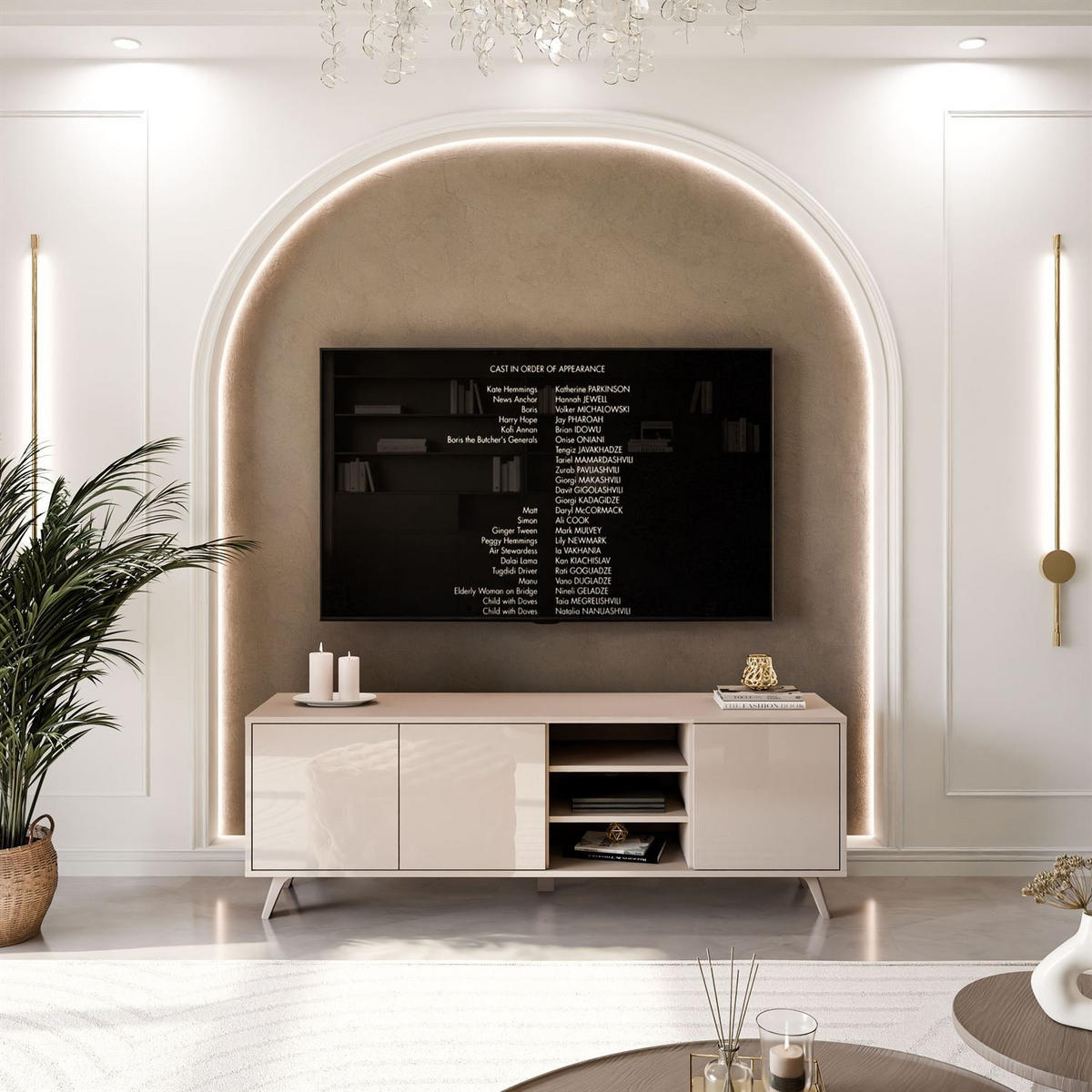 TV-SCHRANK SANAYI mit hohen Kunststoffbeinen Kaschmir Hochglanz - Beige, Holzwerkstoff (156/54/38cm) - Lookway