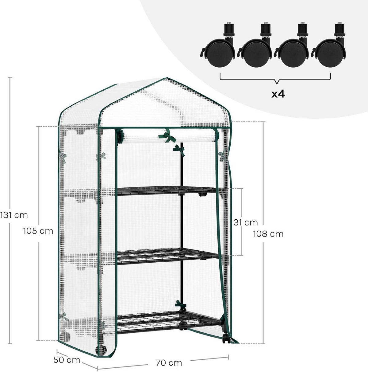 GEWÄCHSHAUS mit Rollen, Foliengewächshaus mit 3 Regalen - Weiß, Textil/Metall (70/131/50cm) - Woltu