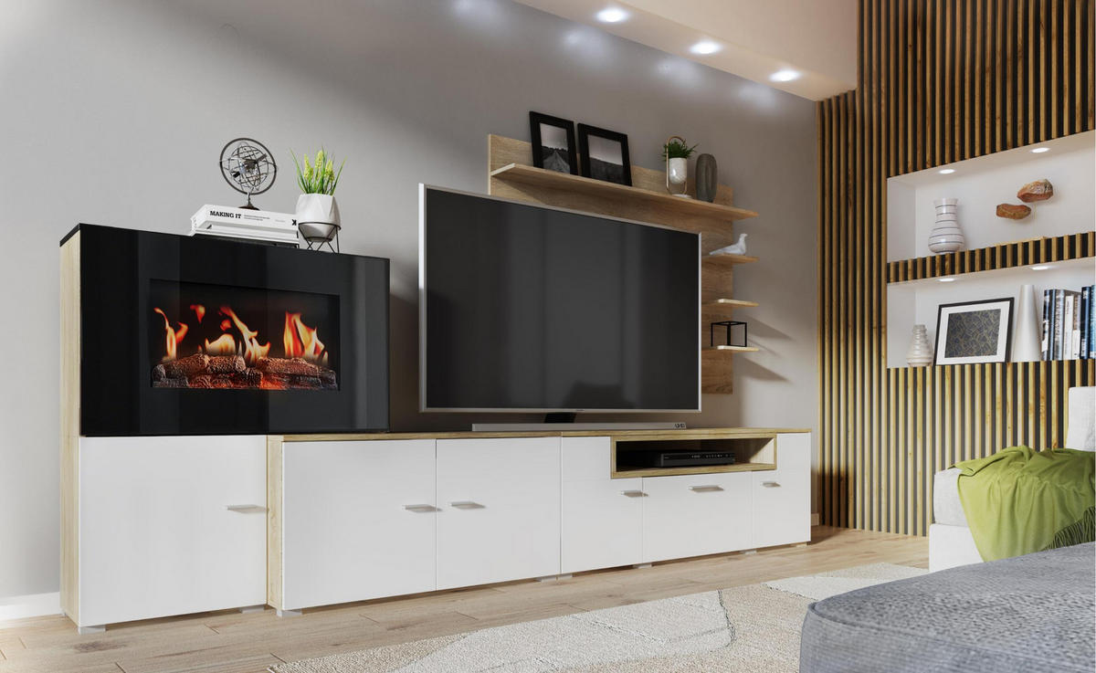 WOHNWAND Elektrokamin MattWeiß, Helle Eiche - Eichefarben/Weiß, Holzwerkstoff (290/170/45cm) - Skraut Home
