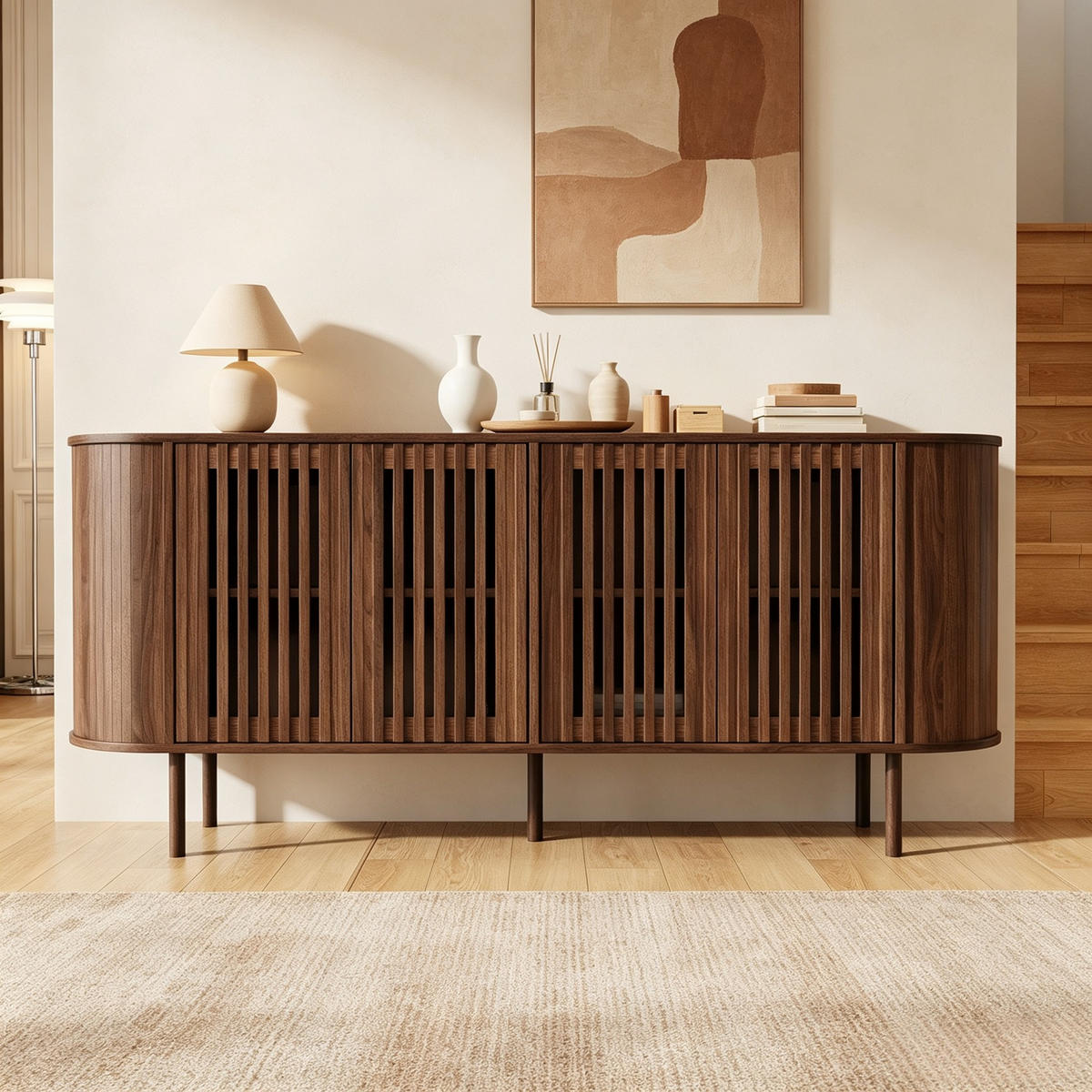 SIDEBOARD 160x40x70cm Walnuss mit 4 Schiebetüren - Walnussfarben, Holzwerkstoff (160/70/40cm) - FLIEKS