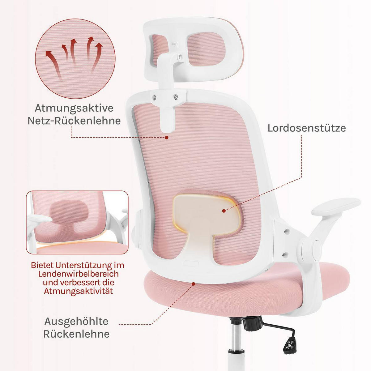 DREHSTUHL mit Wippfunktion, Netzstoff, Rosa - Rosa, Kunststoff/Textil (63.5/109.5/50cm) - Woltu