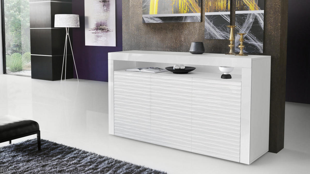 SIDEBOARD Valencia Fronten in Weiß Hochglanz Harmony mit 3D Struktur - Messingfarben, Holzwerkstoff (155/46/40cm) - Vladon