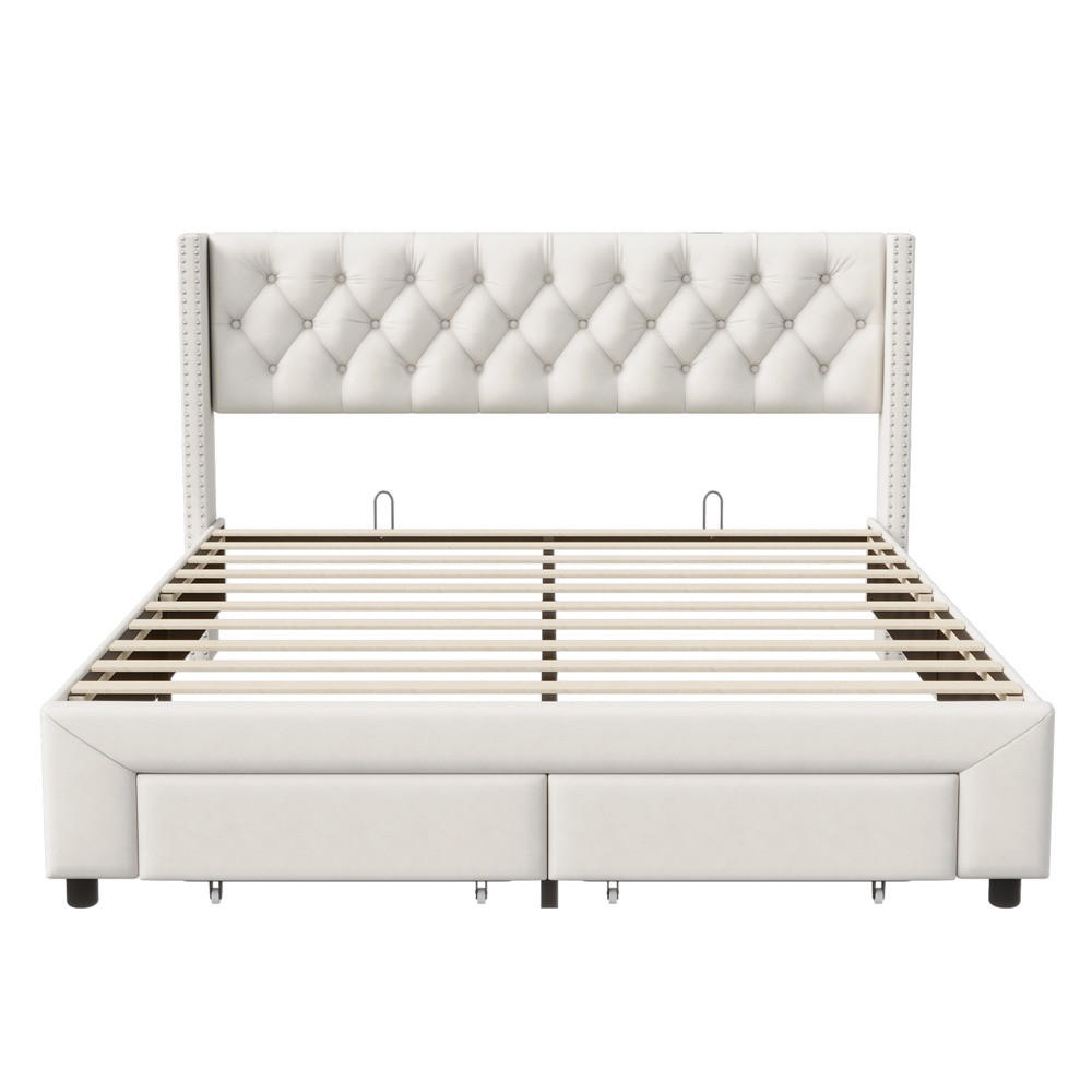 POLSTERBETT 160x200 cm mit LED-Beleuchtung - mit USB-Ports, Seitentaschen und 2 Schubladen - Kopfteil im Nieten-Design - Beige, Textil (160/200cm) - DELFA